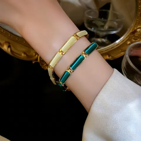 Gold Plated Copper Bracelet With Zircon And Cat Eye Stone Geometric Buckle Design Elegant Fashion Jewelry For Women
