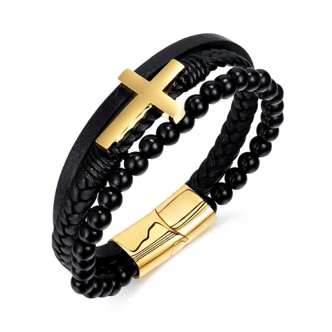 Men Multi-Layer Bracelet Braided Leather Cord Circular Beads Stainless Steel Cross Religious Charm Jewelry With Magnetic Clasp
