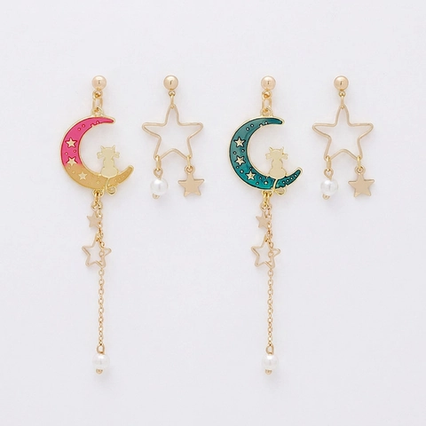 Korean Style Asymmetrical Cat Moon Star Dangle Earrings For Women Alloy Artificial Pearl Long Tassel Sweet Dreamy Jewelry