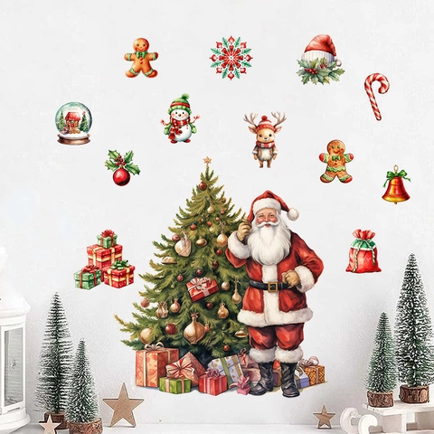 Christmas Wall Stickers Waterproof PVC Santa Claus Snowman Reindeer Tree Decor For Living Room Bedroom Window Festive