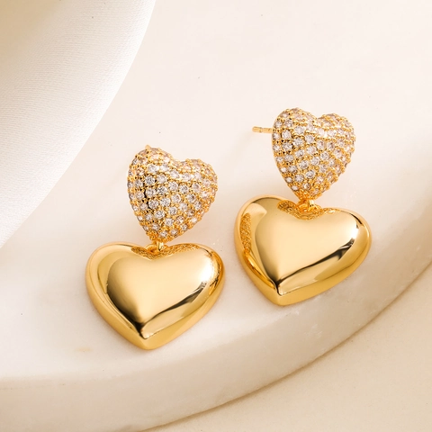 Geometrische Doppelherz Hängeohrringe Für Damen Elegante Kupfer Echt Vergoldete Mikropflaster Zirkon Polierte Metallherz Ohrringe Schmuck