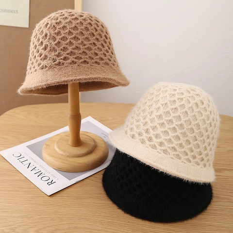 Knitted Crochet Bucket Hat Faux Fur Hollow Out Warm Handmade Vintage Basin Hat Chic Winter Accessories