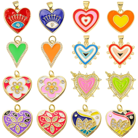 Heart Shape DIY Jewelry Charms Copper Gold Plated With Zircon And Enamel For Necklace Bracelet Making Evil Eye Pattern