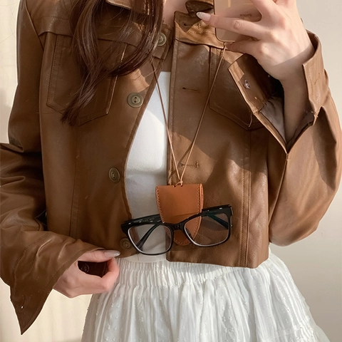Leather Eyeglass Holder Necklace Portable Glasses Case Pouch Clochette Key Bag Accessory Minimalist Women