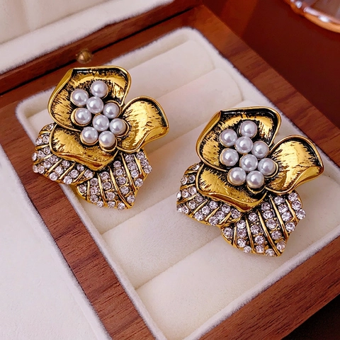 Boucles D'Oreilles À Clip Fleur Vintage Alliage Künstliche Perle Strass Style Cour Luxe Bijoux Pour Femmes