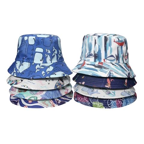 Print Bucket Hat Polyester Canvas Reversible Sun Protection Summer Beach Fishing Casual Unisex Cartoon Marine Theme