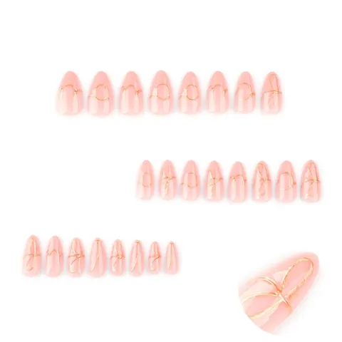 Press On Nägel Mandelform Elegant Nude Pink Mit 3D Goldlinie Und Schleifen Design Full Cover Maniküre Für Frauen