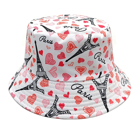 Parijs Eiffeltoren Hart Print Vissershoed Polyester Retro Mode Zonbescherming Outdoor Reizen Zonnehoed Voor Dames