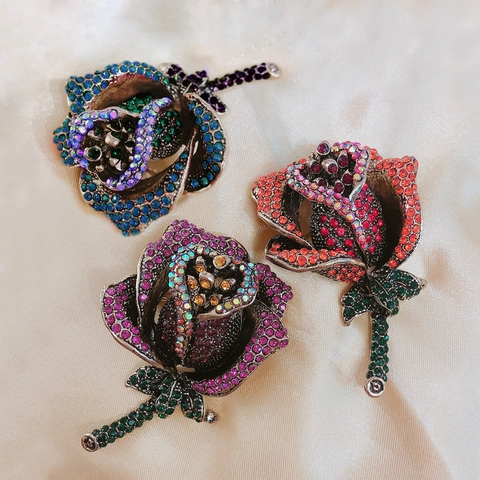 Broche De Flor Rosa Vintage Alfiler De Aleacion Con Diamantes De Imitacion Coloridos Estilo Antiguo Joyeria Floral