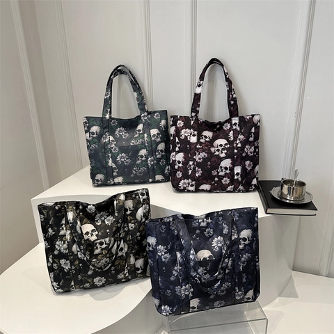 Totebag Mit Totenkopf Blumenmuster PU Leder Gothic Punk Große Kapazität Schultertasche Damen Mode Lässig