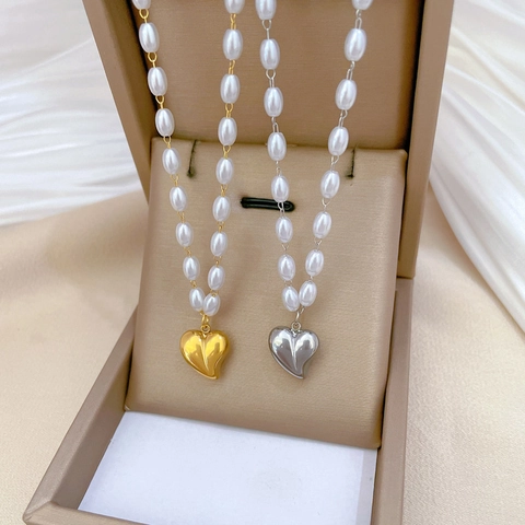 Collar Con Colgante De Corazón Perla Artificial De Imitación Acero Inoxidable Elegante Minimalista Gargantilla Joyería Para Mujer