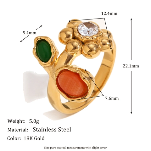 Vintage Flower Finger Ring Stainless Steel 18K Gold Plated Green Orange Gemstone Zircon Floral Jewelry For Women