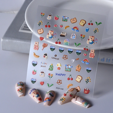 5D Geprägte Nagelaufkleber Süßer Bär Brot Blume Muster Selbstklebend DIY Maniküre Kunst Dekoration Für Damen