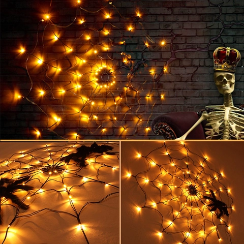 Halloween Spinnennetz LED Lichterkette Wasserdicht Fernbedienung Garten Dekoration Mit Plüschspinne