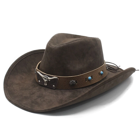 Western Cowboy Hat Faux Suede Vintage Ethnic Bull Head Decorative Band Wide Brim Outdoor Knight Fedora For Men Women
