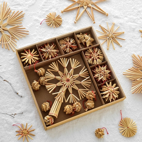 Natural Wheat Straw Christmas Hanging Ornaments Set Stars Snowflakes Tree Toppers Rustic Holiday Home Decor
