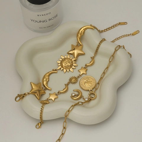 Edelstahl Armband Himmlisch Sonne Mond Stern Münze Anhänger 18K Vergoldet Wasserdicht Retro Schmuck Für Damen