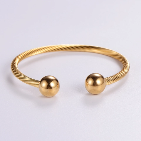 Minimalist 316L Stainless Steel Cable Open Bangle Bracelet With Ball Beads Adjustable Twisted Rope Jewelry