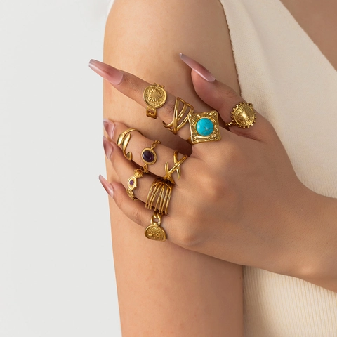 Bohemian Stainless Steel 18K Gold Plated Open Ring For Women Vintage Adjustable Turquoise Inlaid Butterfly Turtle Sun Ray Jewelry