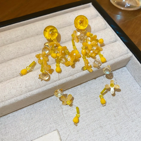 Gele Bloem Kwastje Lange Hangende Oorbellen Boheems Handgemaakt Hars Stof Met 925 Sterling Zilveren Oorknopje