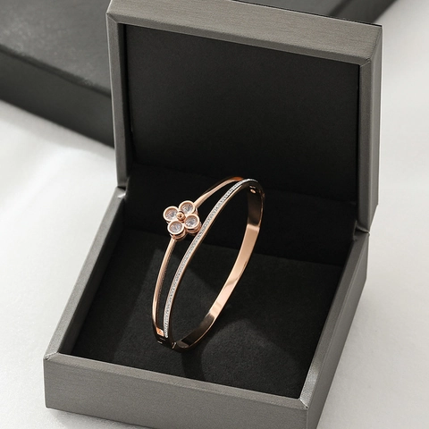 Stainless Steel Cuff Bangle Bracelet Women Double Layer Clover Zircon Inlaid Fashion Jewelry Lucky Flower Elegant Open