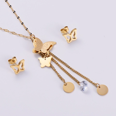 Butterfly Tassel Jewelry 316L Stainless Steel 18K Gold Plated Zircon Pendant Necklace And Stud Earrings For Women