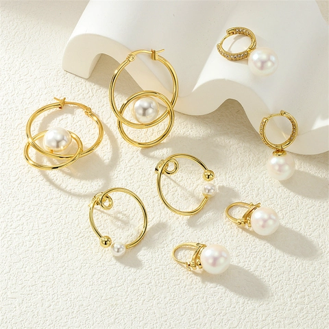 French Vintage Artificial Pearl Hoop Earrings With Micro Pave Zircon Curly Geometric Copper 18K Gold Plated Jewelry For Women
