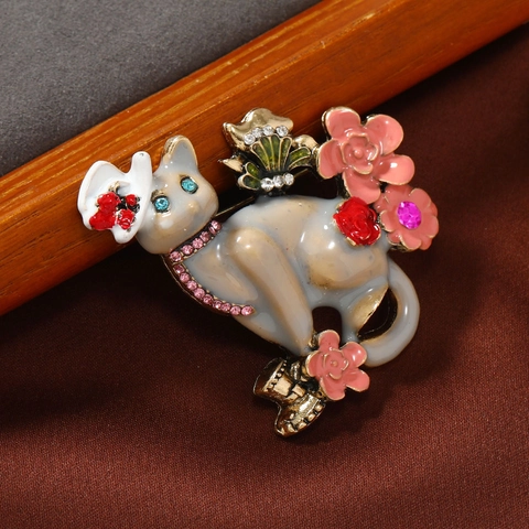Vintage Emaille Katze Brosche Mit Strasssteinen Und Rosa Blumen Zinklegierung Tier Anstecknadel Für Damen Anzug Mantel