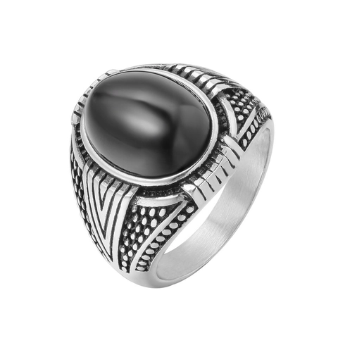 Vintage Titanium Steel Men Signet Ring Oval Black Agate Stone Punk Gothic Band Ring Retro Masculine Fashion Jewelry
