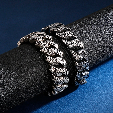 Pulsera De Eslabones Cubanos Grabada Vintage Para Hombre Acero Inoxidable 316L Estilo Punk Gótico Motero