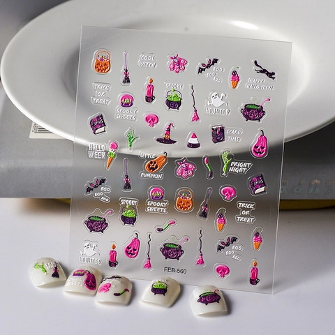Autocollants Pour Ongles Halloween 5D Relief Stéréoscopique Citrouille Fantôme Chauve-souris Chapeau De Sorcière Autocollant Pour Femmes