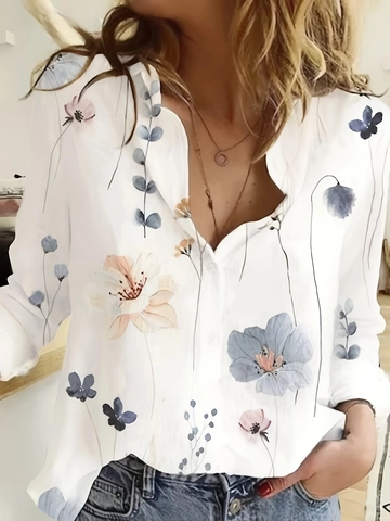 Chemisier Pour Femmes Imprimé Floral Polyester Élasthanne Manches Longues Revers Boutonné Décontracté Bureau Vacances