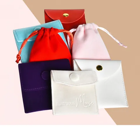 Jewelry Pouch Velvet Microfiber Leather Drawstring Snap Button Packaging Bags Gift Storage Organizer For Rings Earrings Necklaces