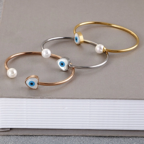 Bracciale Rigido Aperto Occhio Del Diavolo Cuore Acciaio Inossidabile Con Perla Artificial Conchiglia Gioielli Donna
