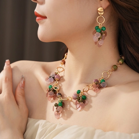 Joyas Vintage Collar Y Pendientes Piedra Natural Concha Borla Oro Estilo Bohemio Para Mujeres Con Poste De Plata