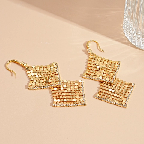 Geometric Rhombus Drop Earrings Gold Plated Copper With Zircon Sparkly Mesh Sequin Stainless Steel Earring Post