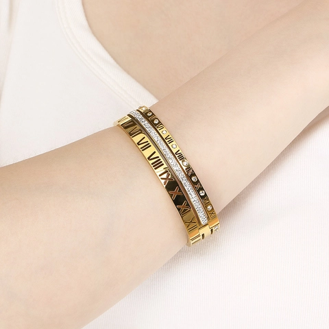Roman Numerals Bangle Bracelet Stainless Steel Rhinestone Hollow Buckle Elegant Fashion Jewelry For Women