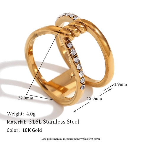 Stainless Steel Ring For Women Double Layer Intertwined Hollow Design With Rhinestone 18K Gold Plated Retro Fashion