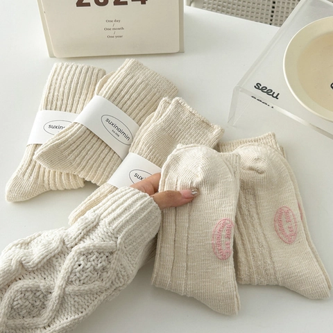 Damen Slouch Crew Socken Flammbaumwolle Rippstrick Zopfmuster Japanischer Stil Warm Atmungsaktiv