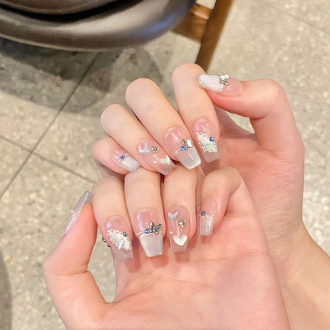 Uñas Postizas Hechas A Mano Diamantes De Imitación Mariposa Perla Artificial Efecto Ojo De Gato Estilo Francés Elegante