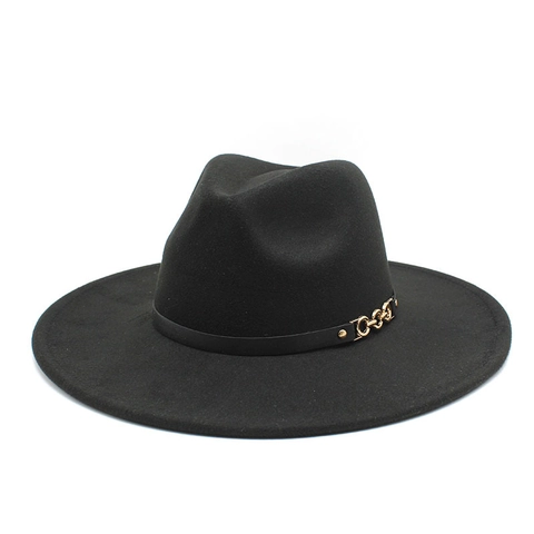 Fedora Hat Woolen Felt Wide Brim Vintage British Style Gold Chain Leather Belt Elegant Jazz Hat For Women Men