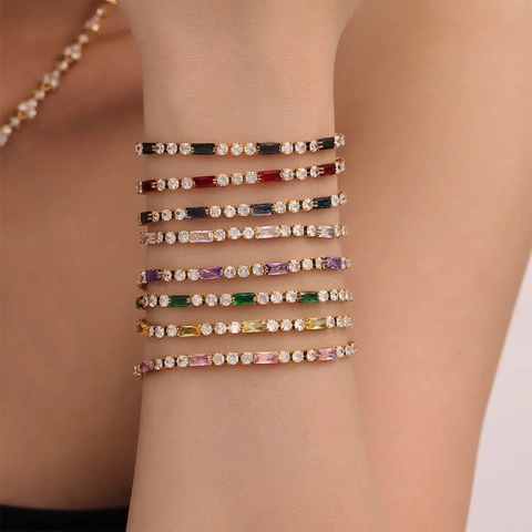 Elegant Tennis Bracelet For Women Gold Plated Stainless Steel With Multicolored Baguette And Round Zircons Luxury Style