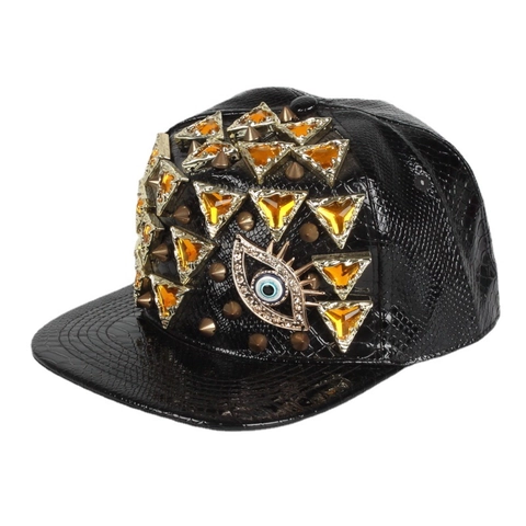 Gorra Snapback Punk Cuero Sintético Textura Piel De Serpiente Remaches Diamantes De Imitación Decoración Evil Eye Hip Hop Streetwear