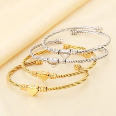 Bracciale Rigido Cuore Acciaio Inossidabile Cavo Filo Corda Intrecciata Polsino Aperto Gioielli Di Moda Per Donne