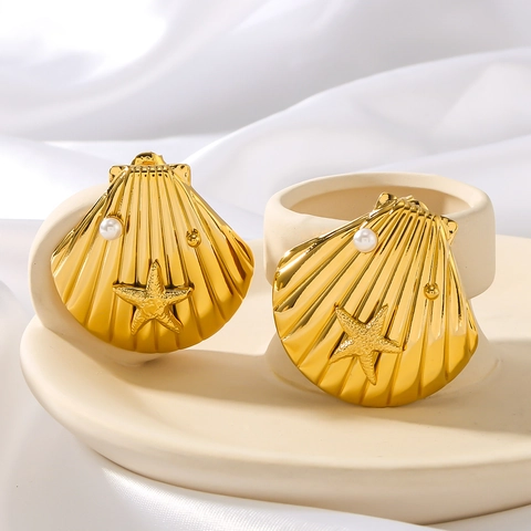 Edelstahl 18K Vergoldete Jakobsmuschel Seestern Ohrringe Mit Künstlicher Perle Sommer Ozean Damen Mode Schmuck