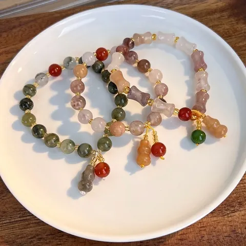 Damen Armband Im Neuen Chinesischen Stil Naturstein Achat Erdbeerkristall Mit Kalebassen Anhänger Vintage Ethno Elastisch