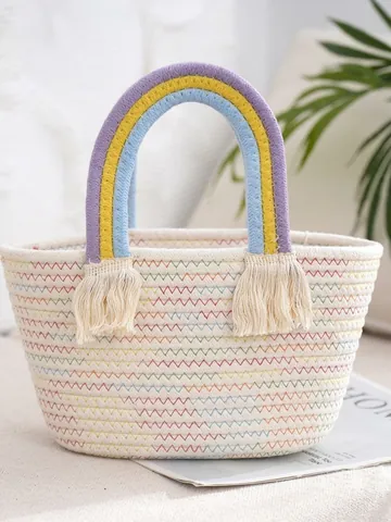 Handmade Woven Cotton Rope Handbag With Rainbow Handle And Tassels Bohemian Vacation Tote For Women Girls