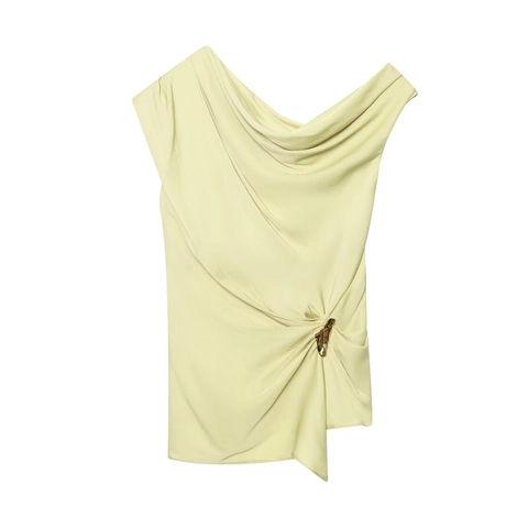 Asymmetrische Mouwloze Satijnen Top Een Schouder Gedrapeerde Hals Elegante Slim Fit Blouse Met Metalen Gesp Voor Dames
