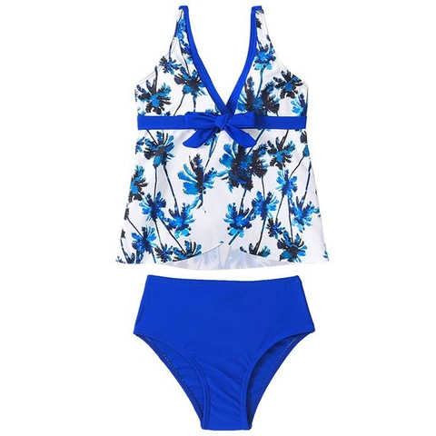 Girls Swimwear Tankini Tropical Floral Leopard Print High Waisted Bathing Suit Nylon Top And Bottom