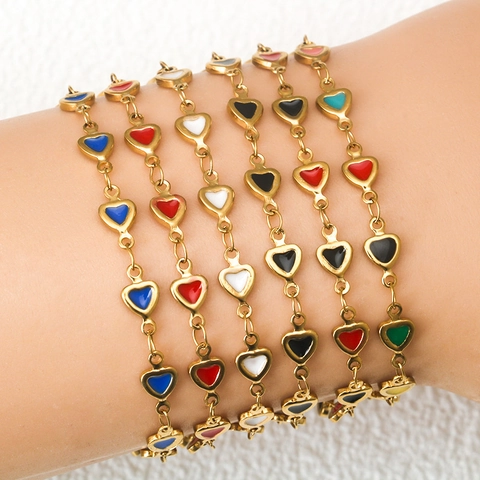 Heart Bracelet Enamel Colorful Oil Dripping Stainless Steel Gold Plated Adjustable Chain Fashion Jewelry For Women